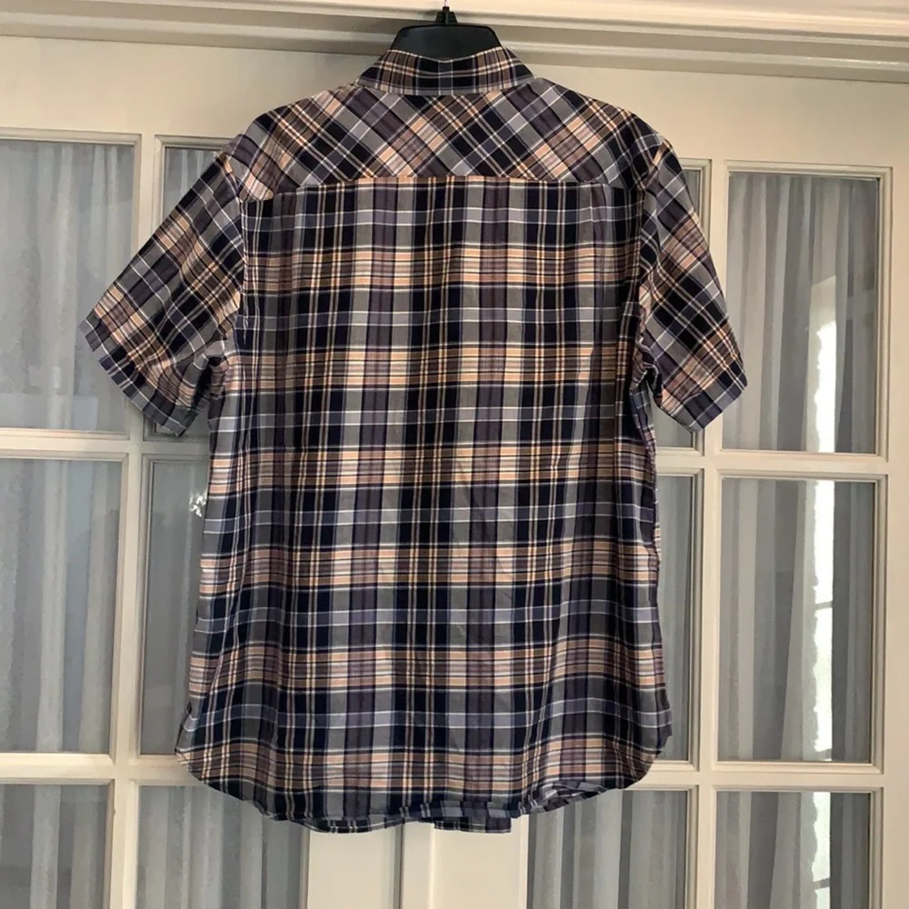 Banana Republic blue & orange plaid short sleeve button down shirt